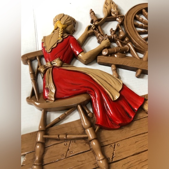 Vtg 70s Girl Spinning Yarn Wall Art - Picture 12 of 15
